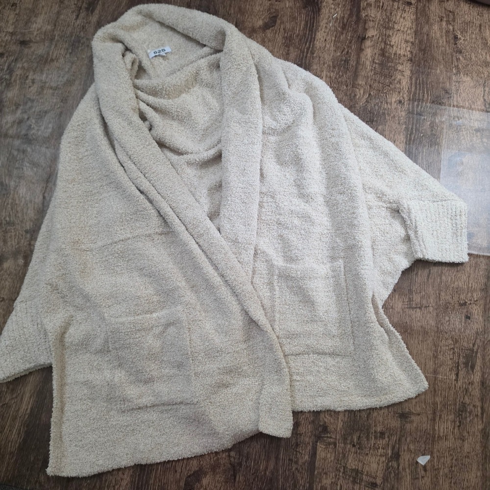 525‎ Popcorn Knit Cardigan Women L/XL Beige Oversized Cocoon Shawl Collar Pocket